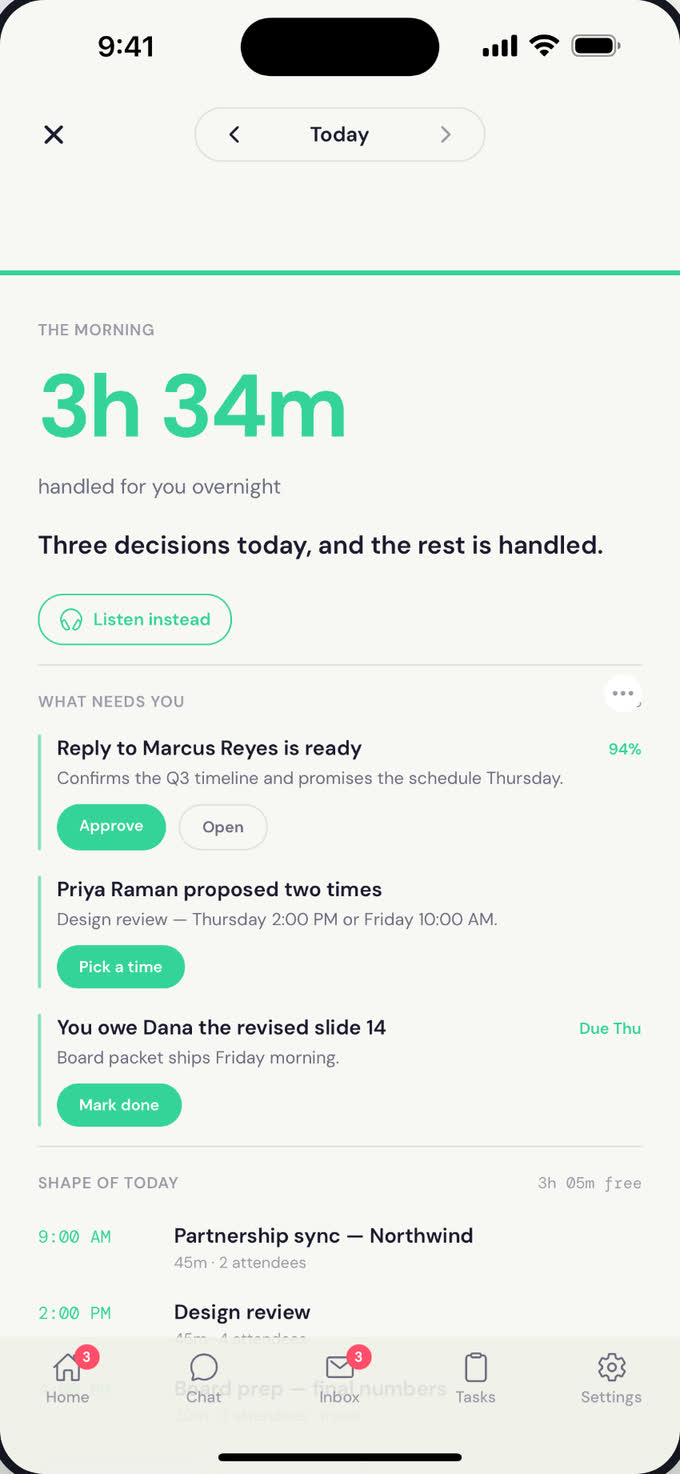The morning brief in Atona for iOS: three hours thirty-four minutes handled overnight, then three decisions waiting — approve a reply to Marcus Reyes, pick a time for Priya Raman, mark a slide task done — above the shape of the day.